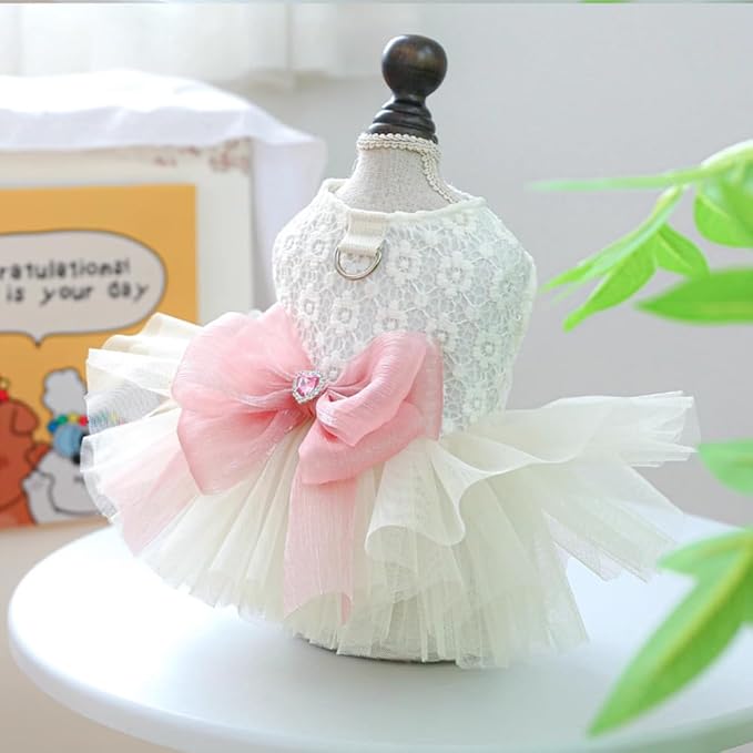 White Small Dog Wedding Dress with D-Ring, Bow Knot Puppy Clothes for Small Dog Girl,Cat Birthday Outfit, Pet Party Dress for Kitten Chihuahua Yorkie Pomeranian (White, X-Small)