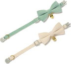 2 Pack Soft Corduroy Cat Collars with Bow Tie & Bell Adjustable Breakaway Bowtie Kitten Collar for Girl Boy Kittens(White & Grass Green)