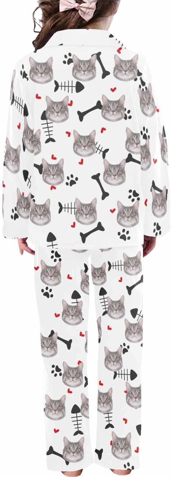 Artsadd Girls Pajamas Set Custom Face Pet Photo Long Sleeve Sleepwear Personalized Printed V-Neck Button-up Pants Nightwear