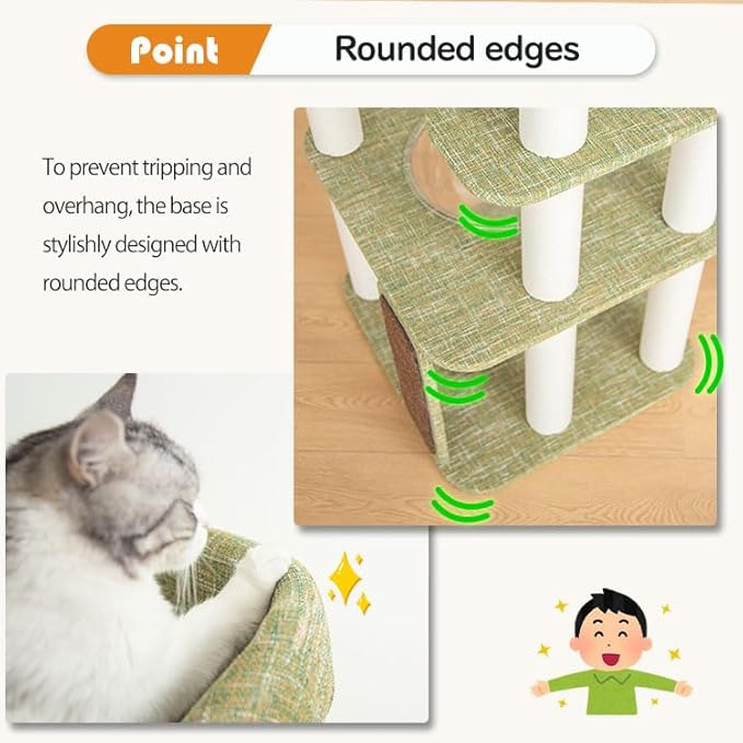 53'' Cat Tree for Large Cat, Modern Senior Friendly Cat Tower with Wide Shelves Low Step, Cotton Scratching Posts, Super Sturdy Base, Cozy Perches, and Interactive Toys (Green)