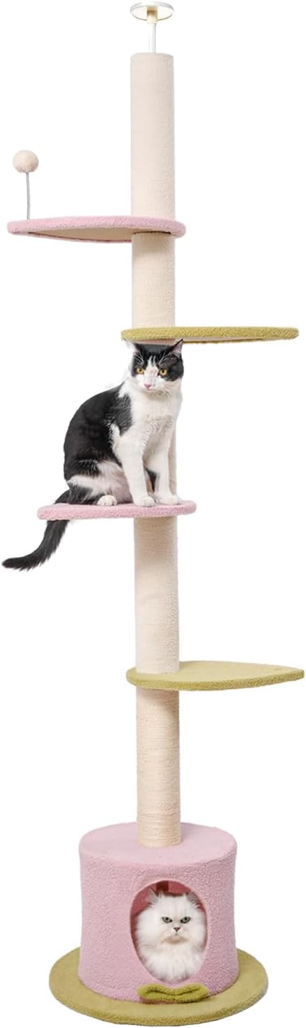 Max & Marlow Cat Tree Floor to Ceiling Cat Tower Height 95-108" Adjustable Kitten Tree Tall Climbing Tree with Carpet Scratching Post and Mat Cat Pole for Indoor Cats, Pink