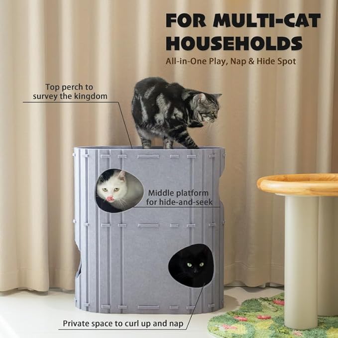 PETKARAY 2-Story Felt Cat House, Large Bed Cave for Indoor Cats, Felt Tunnel Hideaway Condo for Multi-Cat Households, 23.6x22x12 inches, Beige