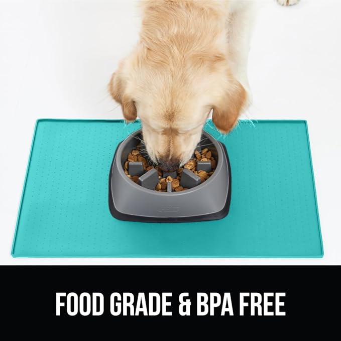 GORILLA GRIP 100% Waterproof Raised Edge BPA Free Silicone Pet Feeding Mat, Dog Cat Food Mats Contain Spills Protects Floors, Placemats for Cats and Dogs Water Bowl, Pets Accessories 32x24 Turquoise