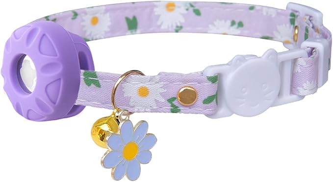 Breakaway Cat Collar with Airtag Holder,Kitten Collar with Apple Air Tag Holder and Bell for Girl Boy Cats, 0.4 Inches in Width and Lightweight. (Purple Daisy)