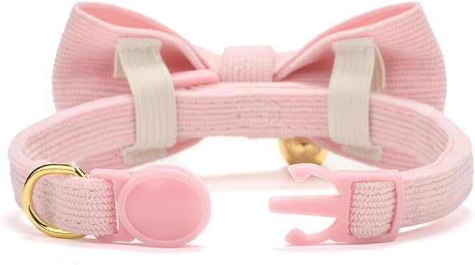 2 Pack Soft Corduroy Cat Collars with Bow Tie & Bell, Adjustable Breakaway Cotton Kitty Bowtie Collar for Female Male Cats(Grass Green & Pink)