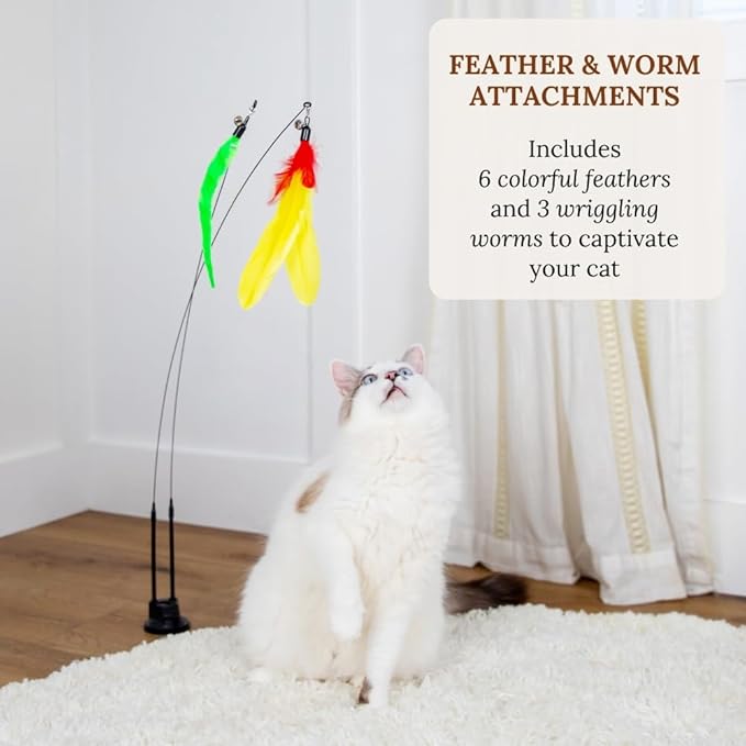 Cat Wand Toy Cat Fishing Pole Toy Cats Feather Toys Suction Cup for Indoor Cats Teaser Wand Feather Attachments Multisurface Base