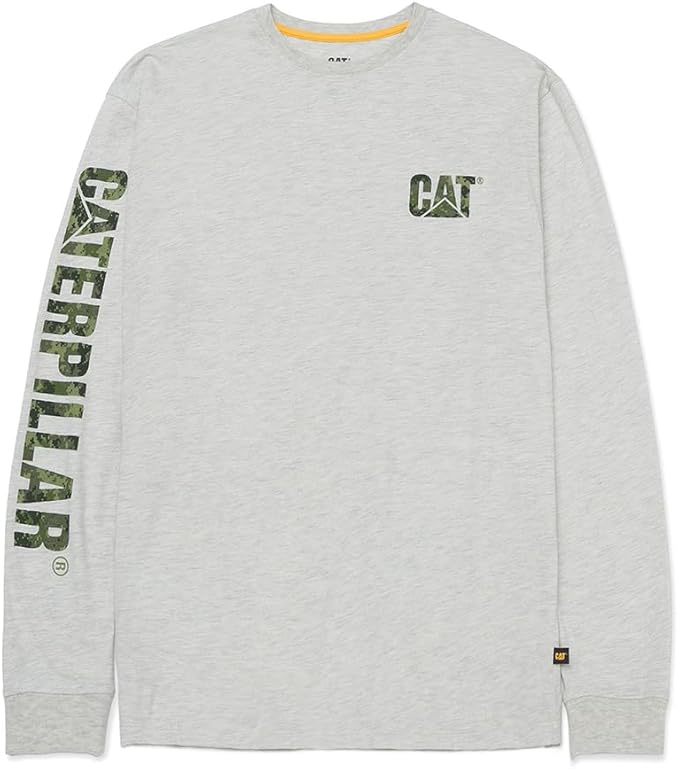 Caterpillar Trademark Banner Long Sleeve Tee Shirts for Men with Center Back Neck Wire Management Loop and Cat Workwear Logo