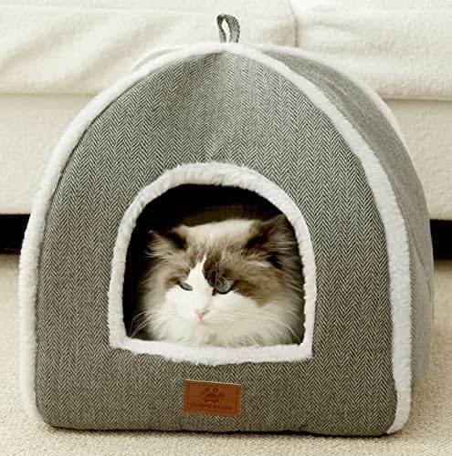 Cat Beds for Indoor -Cat Cave House Tent for Kittens and Laege Pets with Removable Washable Cushioned, Foldable Kitten Hideaway with Non-Slip Bottom, Grey, 17.5 inches
