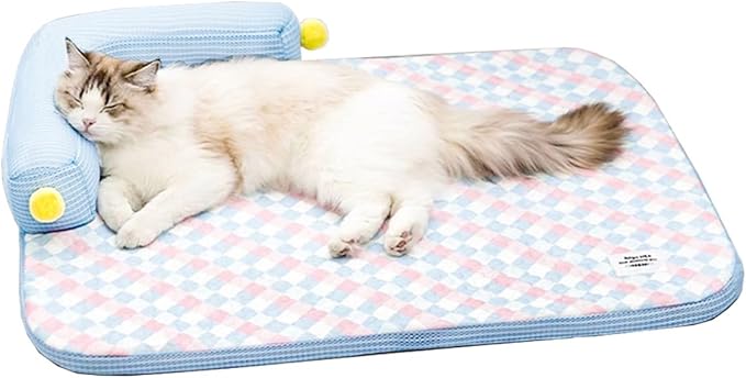 All-Season Ice Fabric Cat Bed with Cushioned Pillow/Play Ball/Washable Mat for Cats, Kittens & Small Pets (Blue, 21"x15"x4")