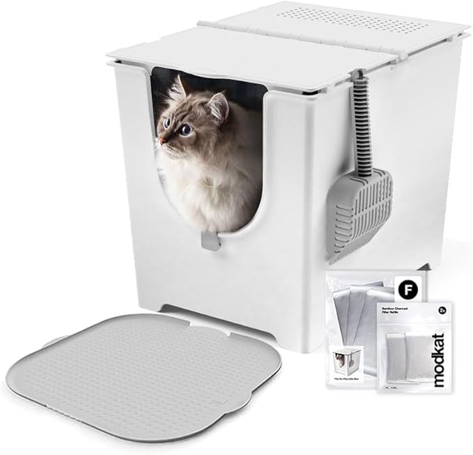 Modkat® Flip Starter Kit - Flip Litter Box (White), Katch Litter Mat (Gray), 4X Reusable Litter Liner, Litter Scoop, 2X Charcoal Filters