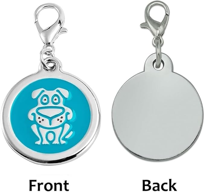 Personalized Funky Dog Design Pet ID Tags with Quick Tag Clip - Happy Puppy Name tag, Custom Laser Engraved pet Tags, Collar Name tag (Dog-Round-Small: Blue)