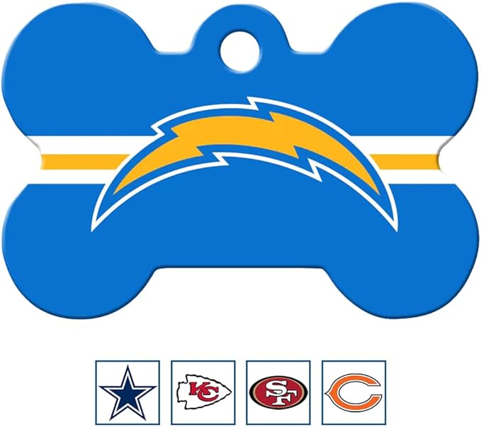 GoTags Personalized LA Chargers Dog Tag, Brass Metal Bone Shape Pet ID Tag Engraved with Name and Custom Text, Every NFL Football Team Pet Apparel (Large)