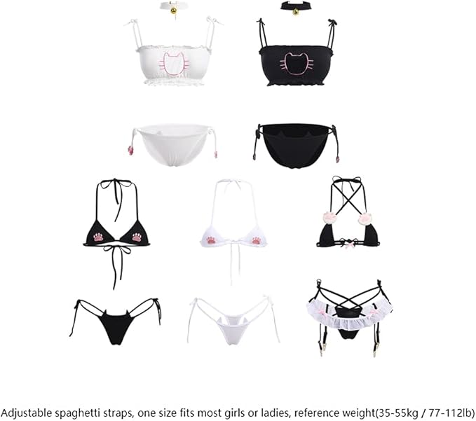 ABAFIP Womens Cute Kawaii Anime Cat Kitten Lingerie set Micro Bikini Strappy Tiny Bra Mini Panty Extreme Swimsuit