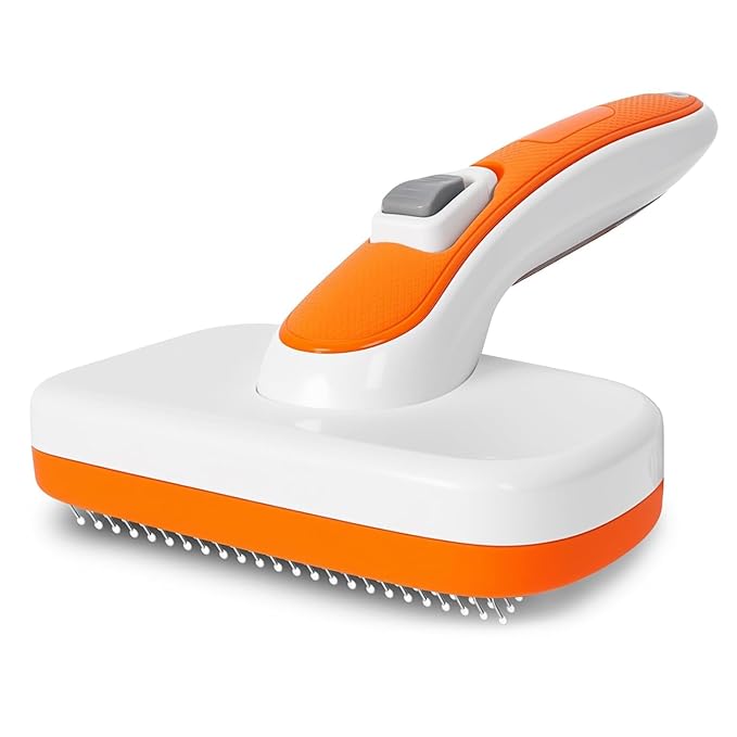 Self Cleaning Slicker Brush for Dogs, Cats Deshedding Grooming Tool, Skin Friendly, Remove Loose Shedding Hair, Glides Naturally without Pulling (Orange)