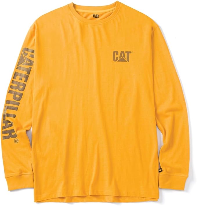 Caterpillar Trademark Banner Long Sleeve Tee Shirts for Men with Center Back Neck Wire Management Loop and Cat Workwear Logo