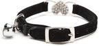 CHUKCHI Pink Soft Velvet Safe Cat Adjustable Collar with Crystal Heart Charm and Bells 8-11 Inches(Black+Red)