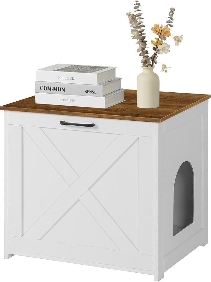 Dwanton Cat Litter Box Furniture Hidden, Cat Litter Box Enclosure, Reversible Entrance Can Be on Left or Right Side, Indoor Cabinet, Wooden Washroom, End Table, White and Warm Brown, 23.6" L