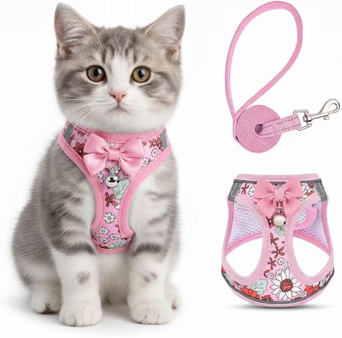 Cat Harness and Leash Escape Proof for Walking, Adjustable Soft Kitten Harness with Reflective Straps Step in Cat Vest Harness for Small Kitten and XS Dogs (Pink, L-Chest(15.7"-17.7"))