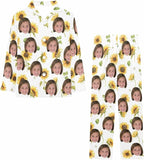 Artsadd Girls Pajamas Set Custom Face Pet Photo Long Sleeve Sleepwear Personalized Printed V-Neck Button-up Pants Nightwear