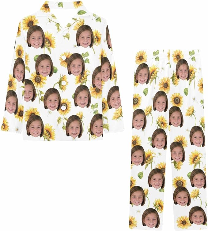 Artsadd Girls Pajamas Set Custom Face Pet Photo Long Sleeve Sleepwear Personalized Printed V-Neck Button-up Pants Nightwear