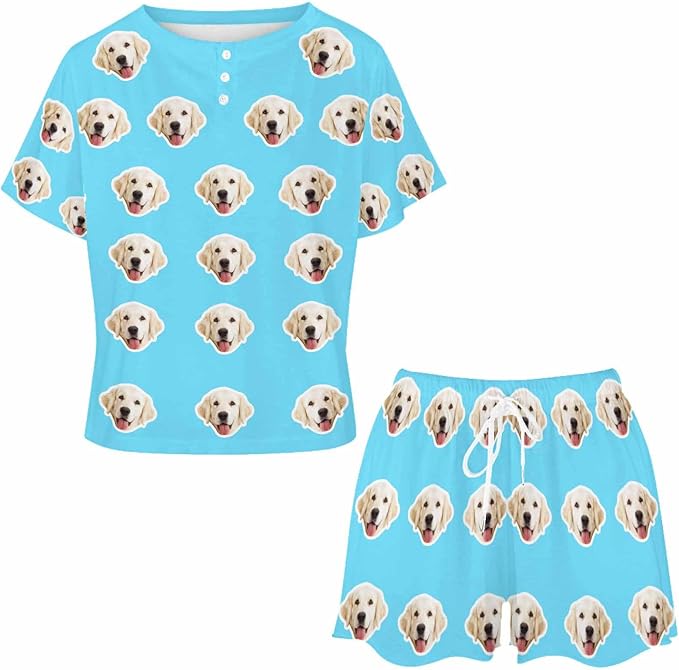 Custom Short Pajamas Set with Face Photo Women‘s Sleepwear Tee Personalized PJ Short Loungewear Set fot Her