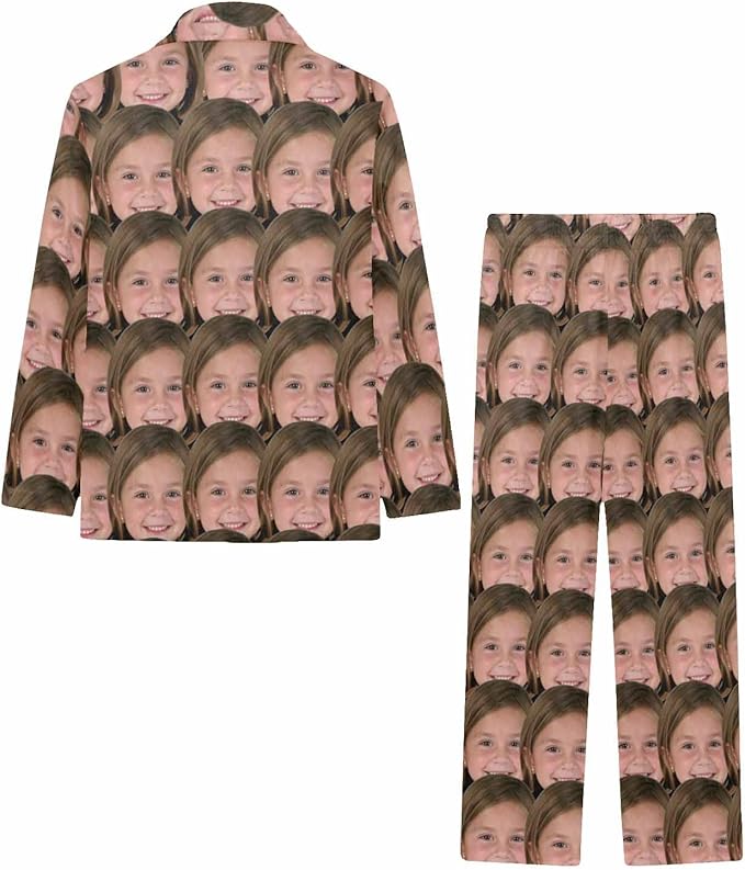 Artsadd Girls Pajamas Set Custom Face Pet Photo Long Sleeve Sleepwear Personalized Printed V-Neck Button-up Pants Nightwear