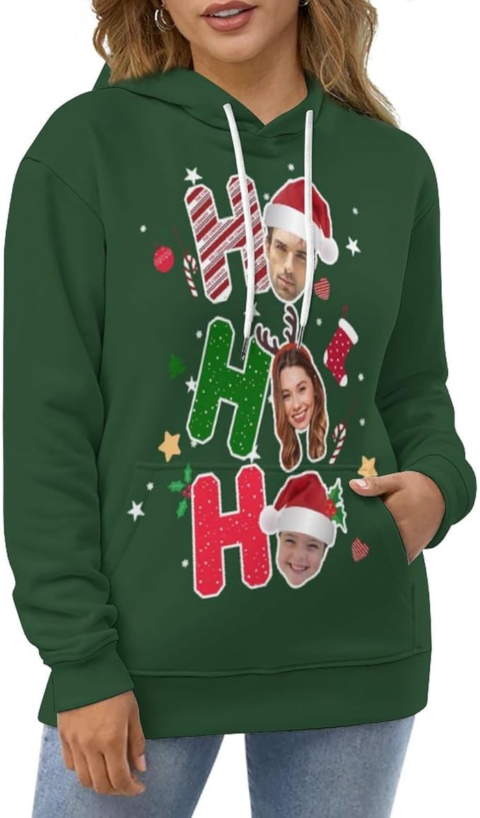 Artsadd Custom Face Unisex athletic Pockets Sweatshirt Loose Hoodie Custom Christmas Long Sleeve Sweatshirt Hooded Pullover