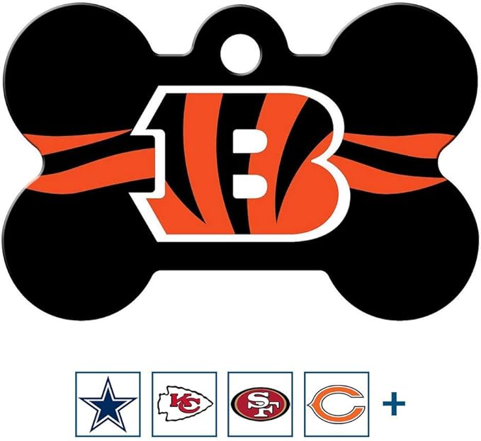GoTags Personalized Cincinnati Bengals Dog Tag, Brass Metal Bone Shape Pet ID Tag Engraved with Name and Custom Text, Every NFL Football Team Pet Apparel (Large)