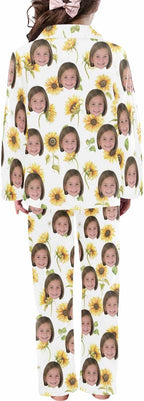 Artsadd Girls Pajamas Set Custom Face Pet Photo Long Sleeve Sleepwear Personalized Printed V-Neck Button-up Pants Nightwear