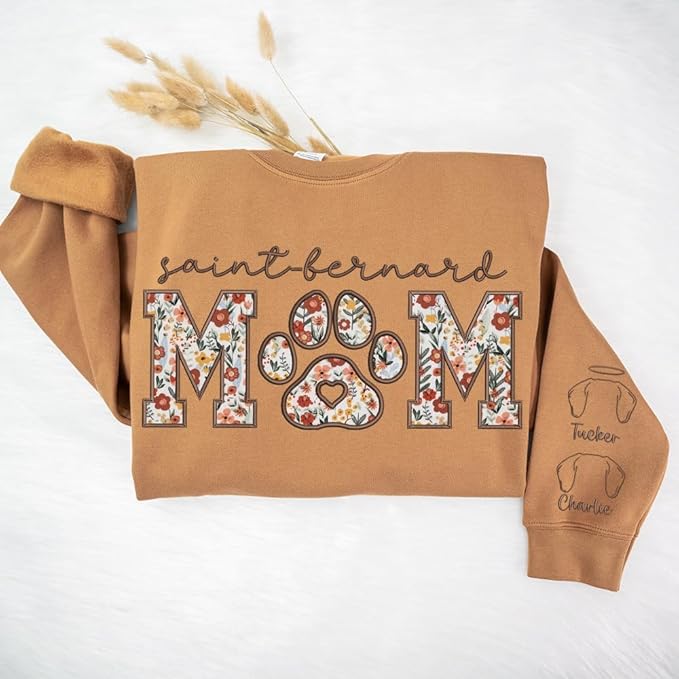 CHILLEVER Personalized Embroidered Dog Mom Sweatshirt, Dog Mama Crewneck, Gift for Mom, Pet Name On The Sleeve
