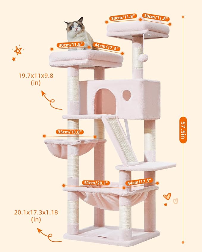 Taoqimiao Cat Tree 57.5-Inch, Cat Tower for Indoor Cats Large Adult, Extra Large Cat Condo, 8 Sisal Scratching Posts, Metal Frame Cozy Hammock, Durable Scratch Board, 2 Top Perches, Jelly Pink MS026P