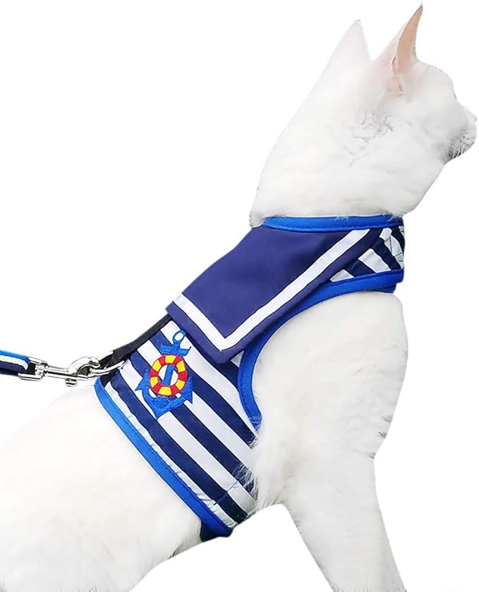 Cat Harness and Leash for Walking Escape Proof, Adjustable Cat Vest Harness, Padded Stylish Cat Walking Jackets, Sailor Suit Navy, Medium
