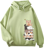 Tuislay Cute Cat Graphic Hoodies for Teen Girls Kawaii Cartoon Printed Hoodie Women Anime Print Hooded Sweatshirt Pullover