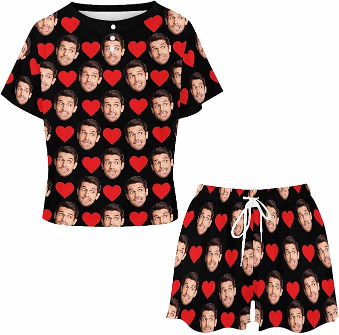 Custom Short Pajamas Set with Face Photo Women‘s Sleepwear Tee Personalized PJ Short Loungewear Set fot Her