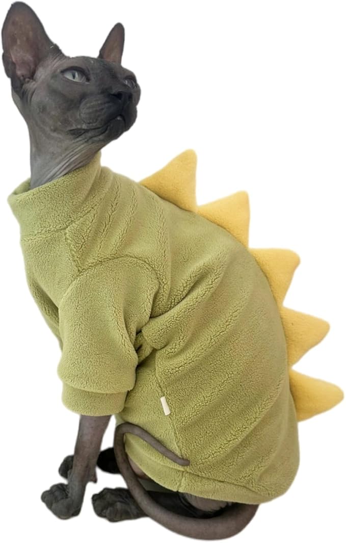 Dinosaur Sphynx Cat Clothes, Soft Polar Fleece Sweater for Cat, Elastic Pet Clothes Thick Winter Warm Outfit for Hairless Cat, Devon, Cornish, Small Dogs Apparel with Sleeves (Green, Large)