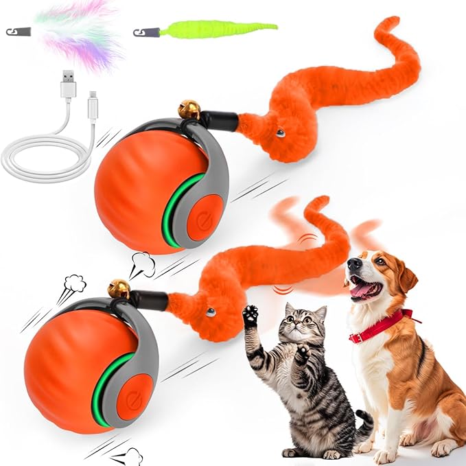 2PCS Interactive Cat Toy Ball with Feather Tails - Speedy Cat Toys for Indoor Cats, Moving Stimulation Smart Cat Toy for Enrichment, Motion Activated Automatic Rolling Toys to Keep Them Busy Orange