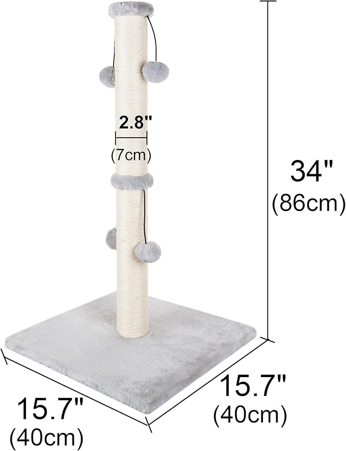 Dimaka 34'' Cat Scratching Post, Cat Scratching Post, Cat Scratcher for Large Cats with Teasing Toy Ball, Natural Sisal White and Grey (Grey)