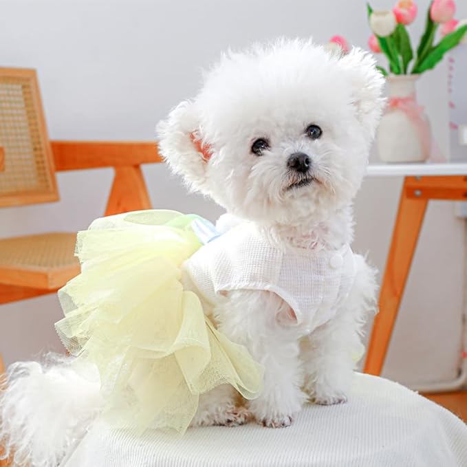 Dog Easter Outfit with Embroidered Bunny Patterns and Cute Pompom Holiday Puppy Dress Bow Small Dog Tutu Cat Apparel Fancy Pet Clothes,Yellow,Blue,White (Yellow, X-Large)