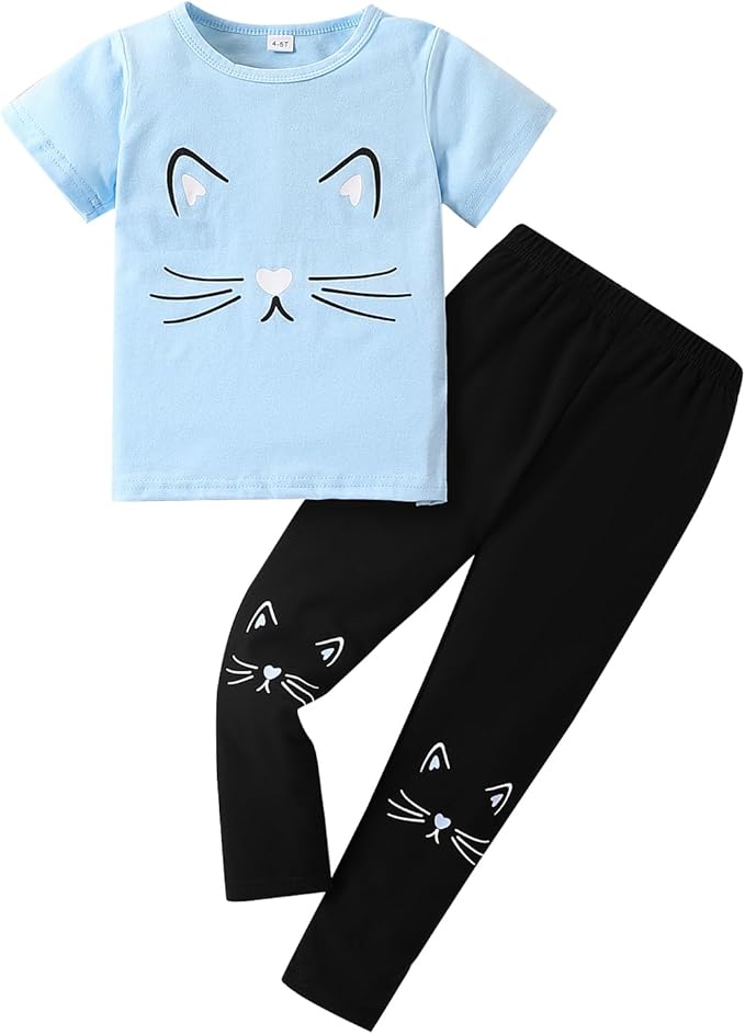 4-8T Toddler Girl Clothes Cat face print Short Sleeve Top+Pants Outfits Girl Spring and summer 2-Piece Set