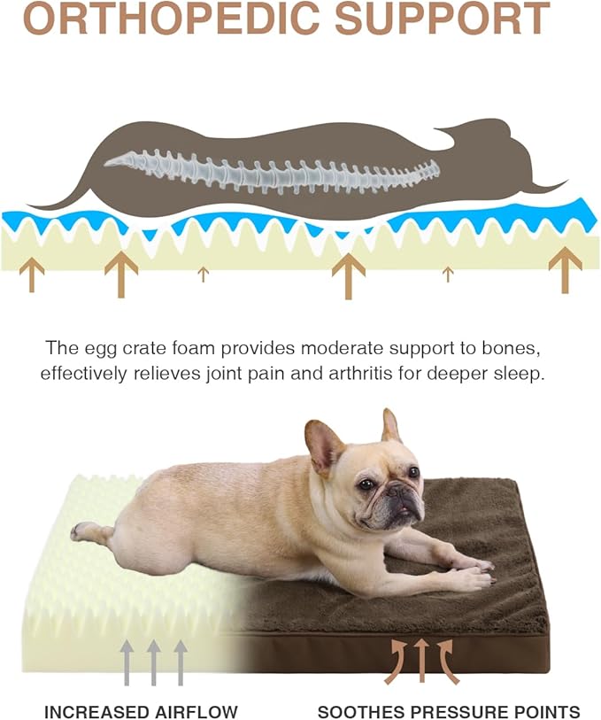 KSIIA Orthopedic Dog Bed Crate Waterproof Pet Mats for Medium Dogs Deluxe Plush Washable Pet Bed with Egg Crate Foam & Removable Cover, 29 x 18 Inch, Brown