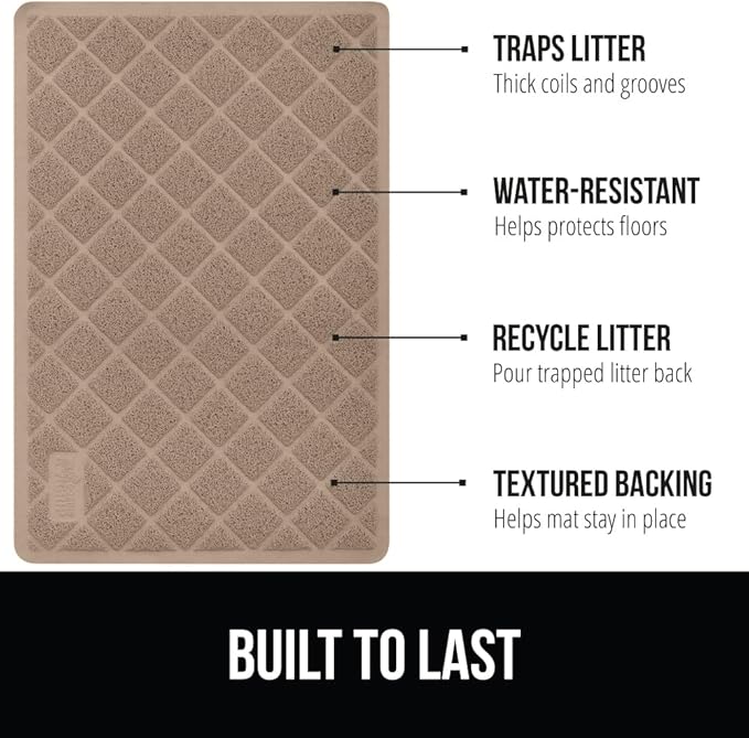 GORILLA GRIP Cat Litter Box Mat, 35x23, Water Resistant, US Designed Kitty Litter Trapping Mats, Easy to Clean, Scatter Control, Less Mess and Clean Floors, Kitten Supplies for Indoor Cats, Beige