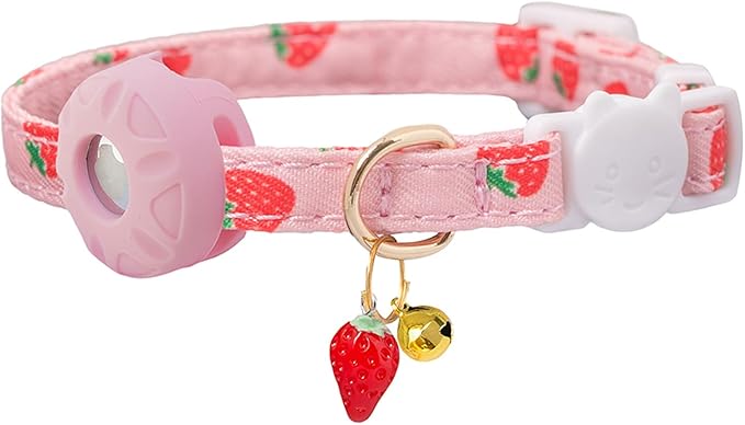 Breakaway Cat Collar with Airtag Holder,Kitten Collar with Apple Air Tag Holder and Bell for Girl Boy Cats, 0.4 Inches in Width and Lightweight. (Pink Strawberry)