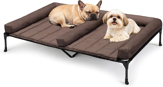 Veehoo Cooling Raised Dog Beds + Waterproof Double Dog Bed Cushion for Two Medium Dogs, Elevated Pet Cot with Removable Bolster Mat, Breathable Mesh, No-Slip Feet, Pets Couch Bed, 49x 33inches, Brown