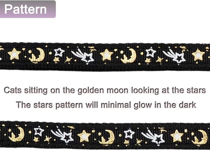 Cat Harness and Leash Set for Outdoor Walking Escape Proof Adjustable Soft Safety Strap with Golden Star and Moon Design Glow in The Dark Black XL