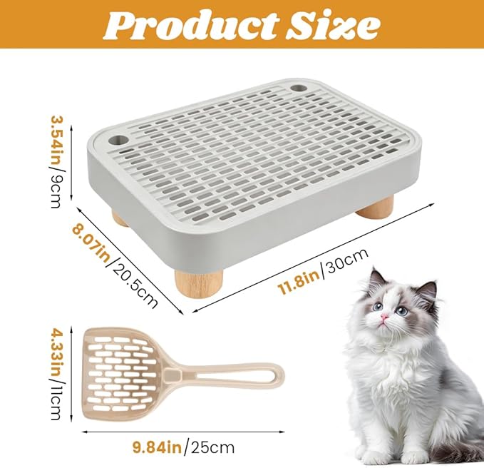Litter Box Step with Litter Shovel, Box Ramp/Catcher with Wooden Base, Easy Cleaning with Filter Function Ideal for Cats Pedal Stool Kitten & Elderly Cats (Color:Grey)