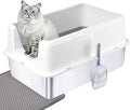 Cat Litter Box – Open Top Stainless Steel Large Litter Pan for Big Cats – High Sided Non-Stick Anti-Leakage – Easy to Clean with Scoop & Litter Mat (White)