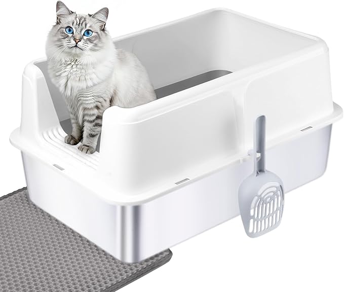 Cat Litter Box – Open Top Stainless Steel Large Litter Pan for Big Cats – High Sided Non-Stick Anti-Leakage – Easy to Clean with Scoop & Litter Mat (White)
