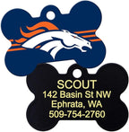 GoTags Personalized Denver Broncos Dog Tag, Brass Metal Bone Shape Pet ID Tag Engraved with Name and Custom Text, Every NFL Football Team Pet Apparel (Large)