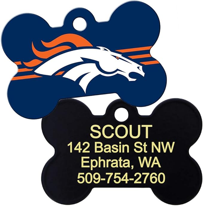 GoTags Personalized Denver Broncos Dog Tag, Brass Metal Bone Shape Pet ID Tag Engraved with Name and Custom Text, Every NFL Football Team Pet Apparel (Large)