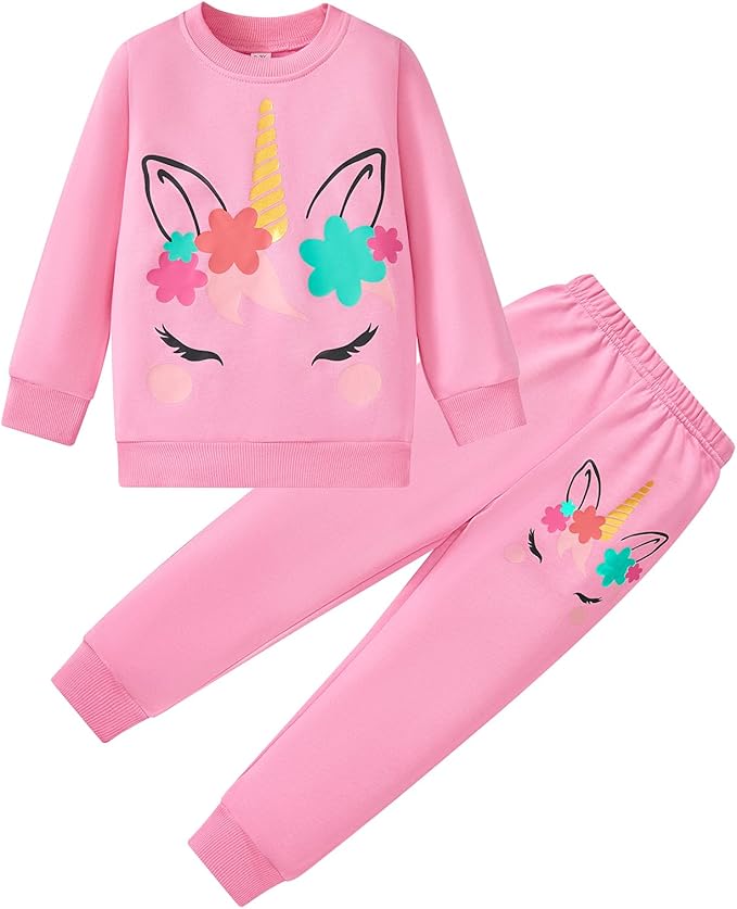 Little Girls Unicorn Outfits 2 Piece Kids Ruffle Sleeve Sweatshirt + Leggings Fall Leopard Clothing Sets 2-10 Years Old